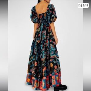 Farm Rio Black Sunset Tapestry Organic Cotton Tropical Vacation Maxi Dress L